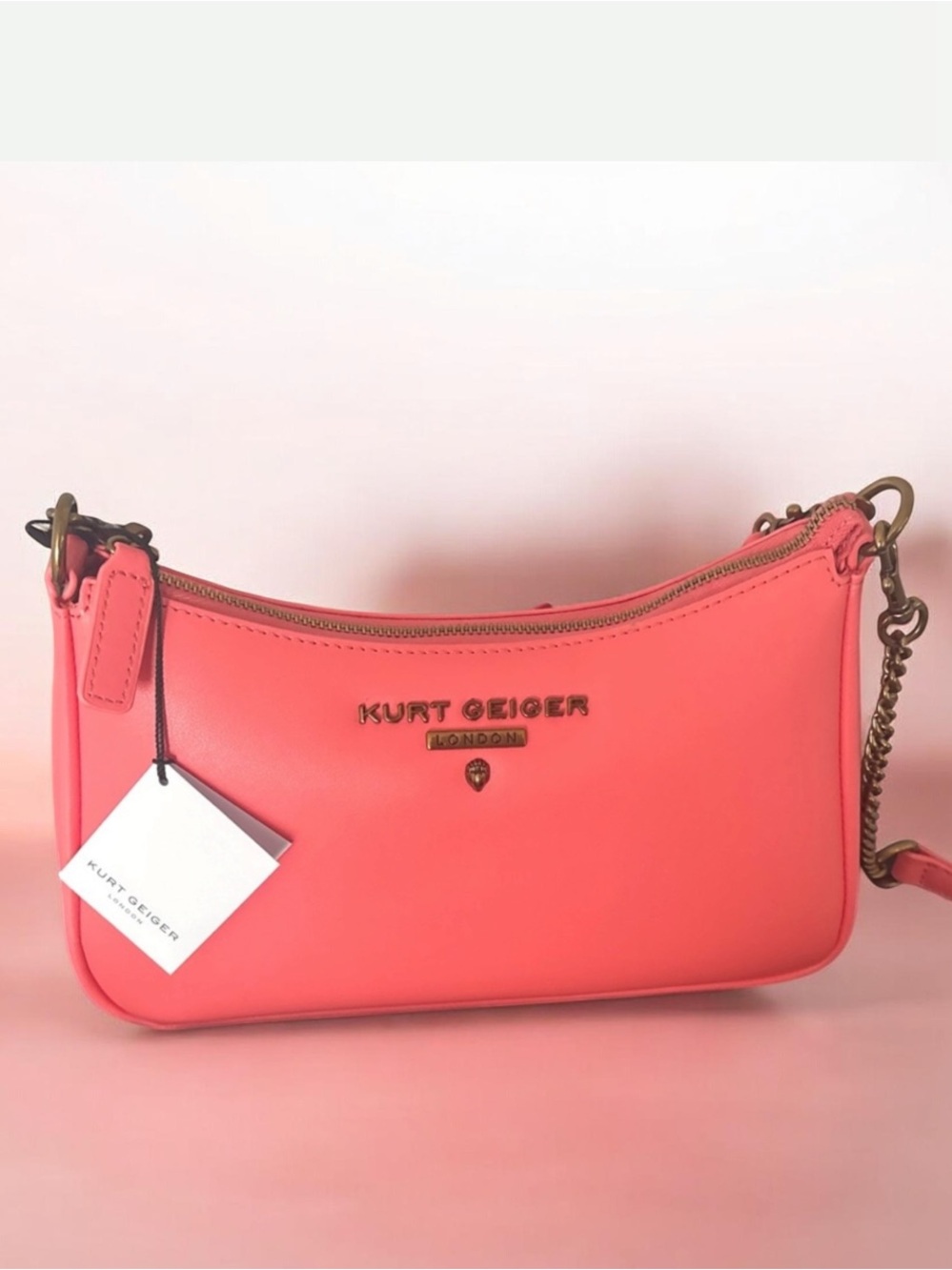 Kurt Geiger Coral Pink Leather Crossbody with Gold Chain